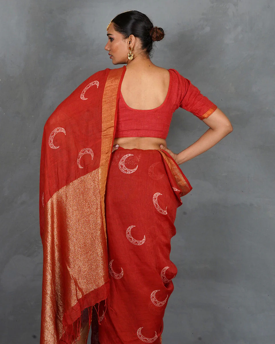 Taraani Red Handblock Linen Saree - TARA - Image 8