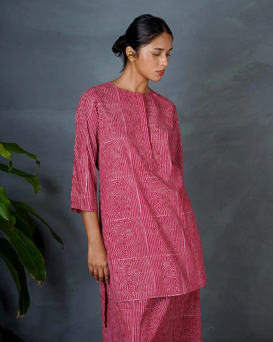 Tarini Red Hand Block Printed Cotton Top-MYA