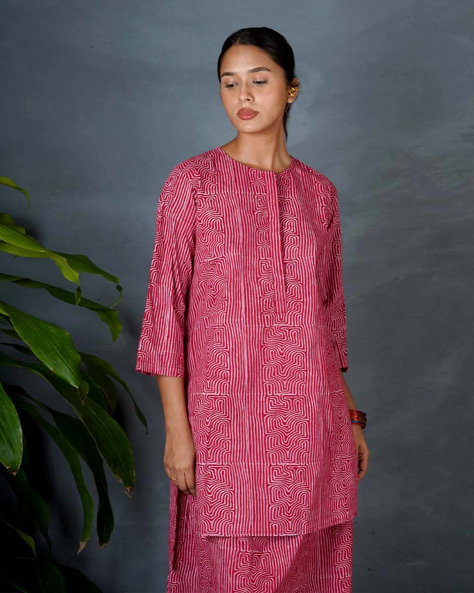 Tarini Red Hand Block Printed Cotton Top-MYA - Image 2
