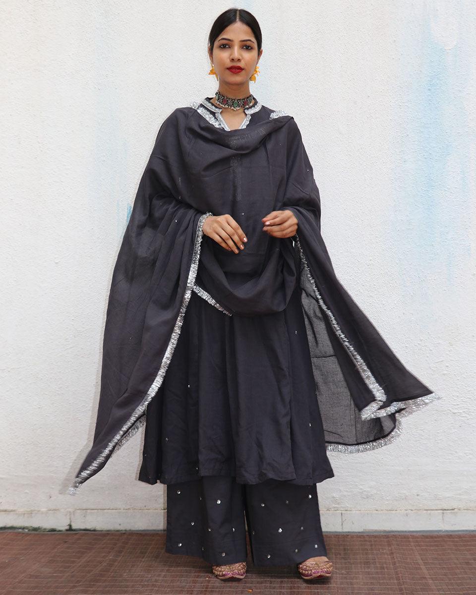 Tej Black Mulmul Cotton Kurta Set with Dupatta Set of 3 - Jugnoo - Image 3