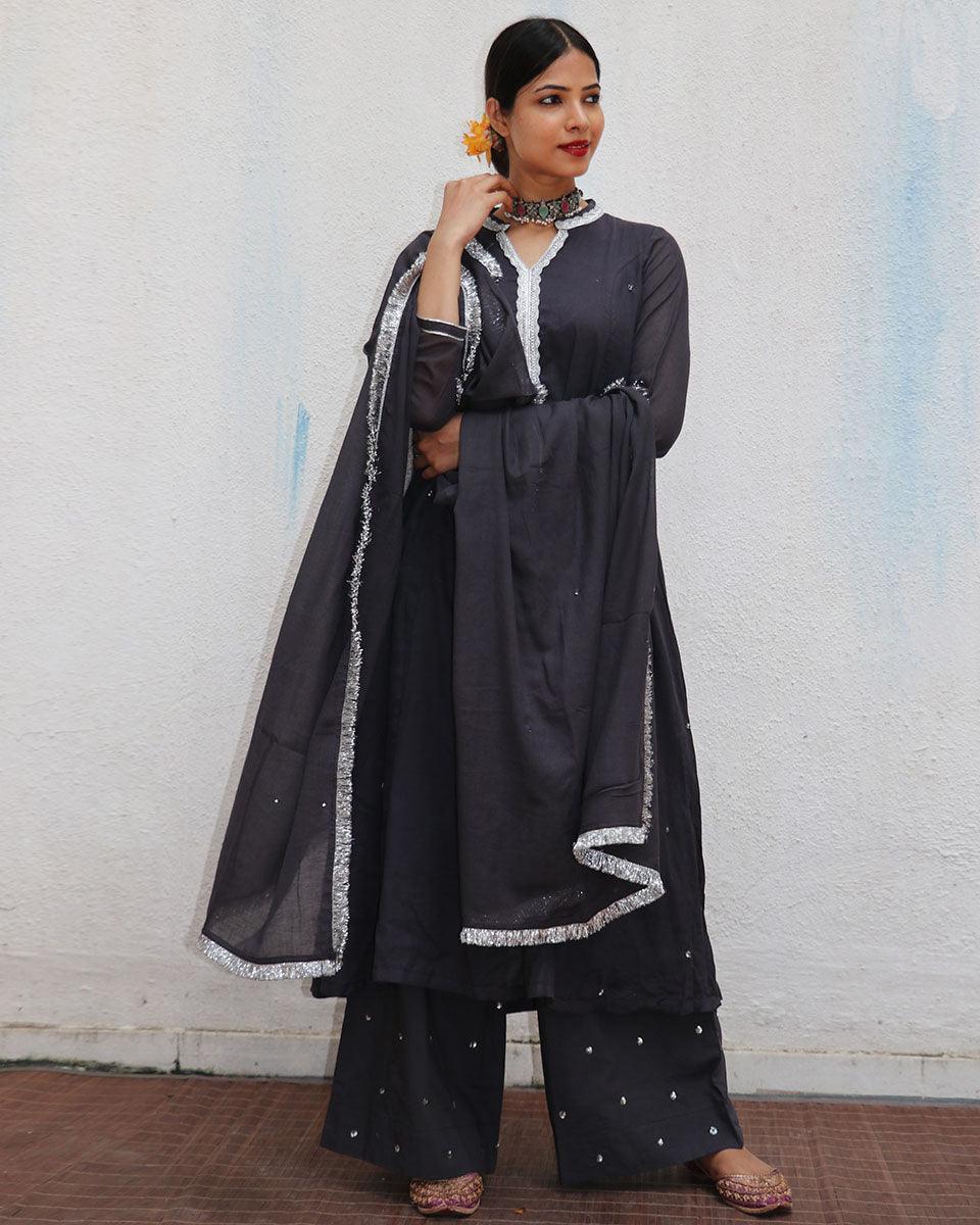 Tej Black Mulmul Cotton Kurta Set with Dupatta Set of 3 - Jugnoo - Image 5