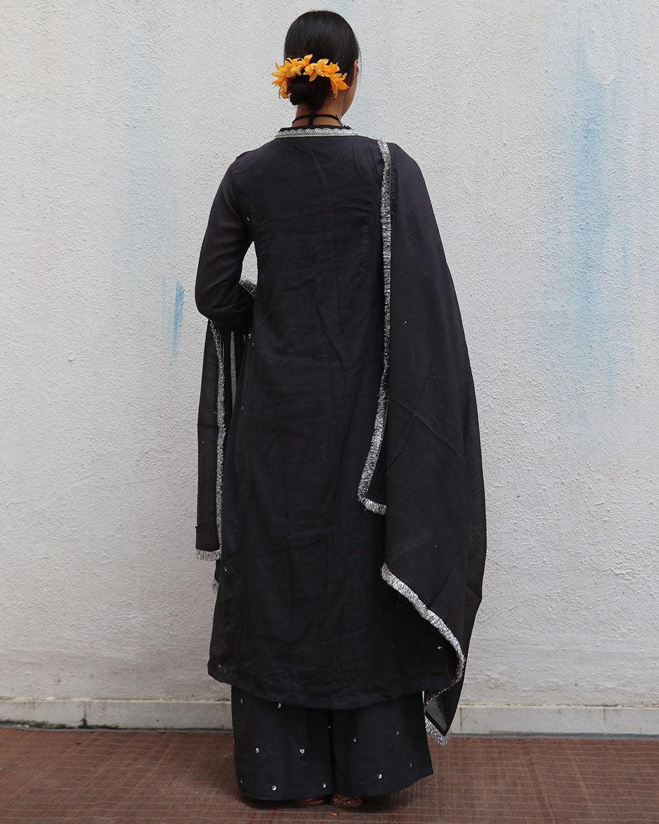 Tej Black Mulmul Cotton Kurta Set with Dupatta Set of 3 - Jugnoo - Image 6