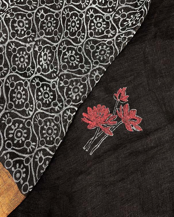 Tejasvi Black Handblock Linen Saree - TARA - Image 11