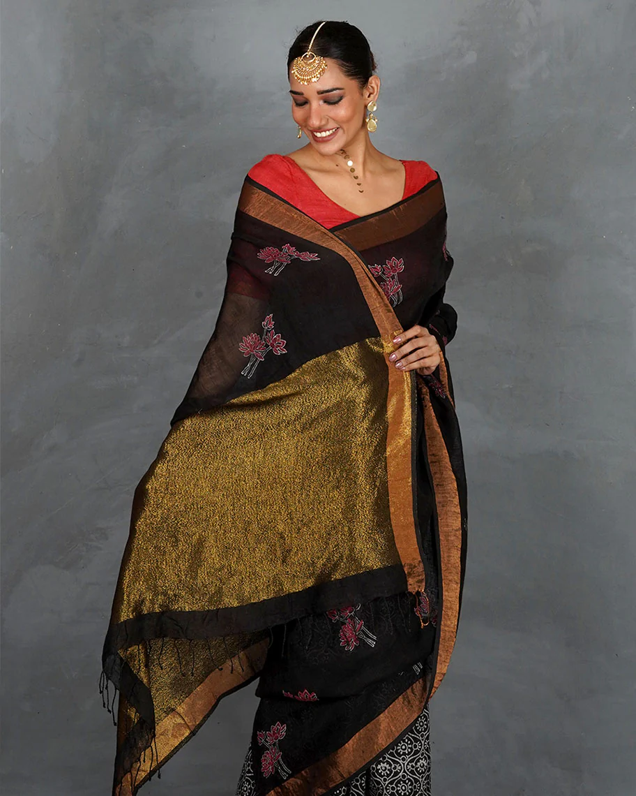 Tejasvi Black Handblock Linen Saree - TARA - Image 7