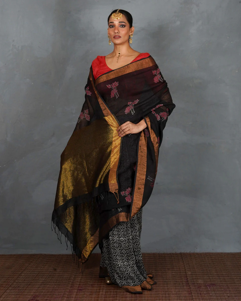 Tejasvi Black Handblock Linen Saree - TARA - Image 9