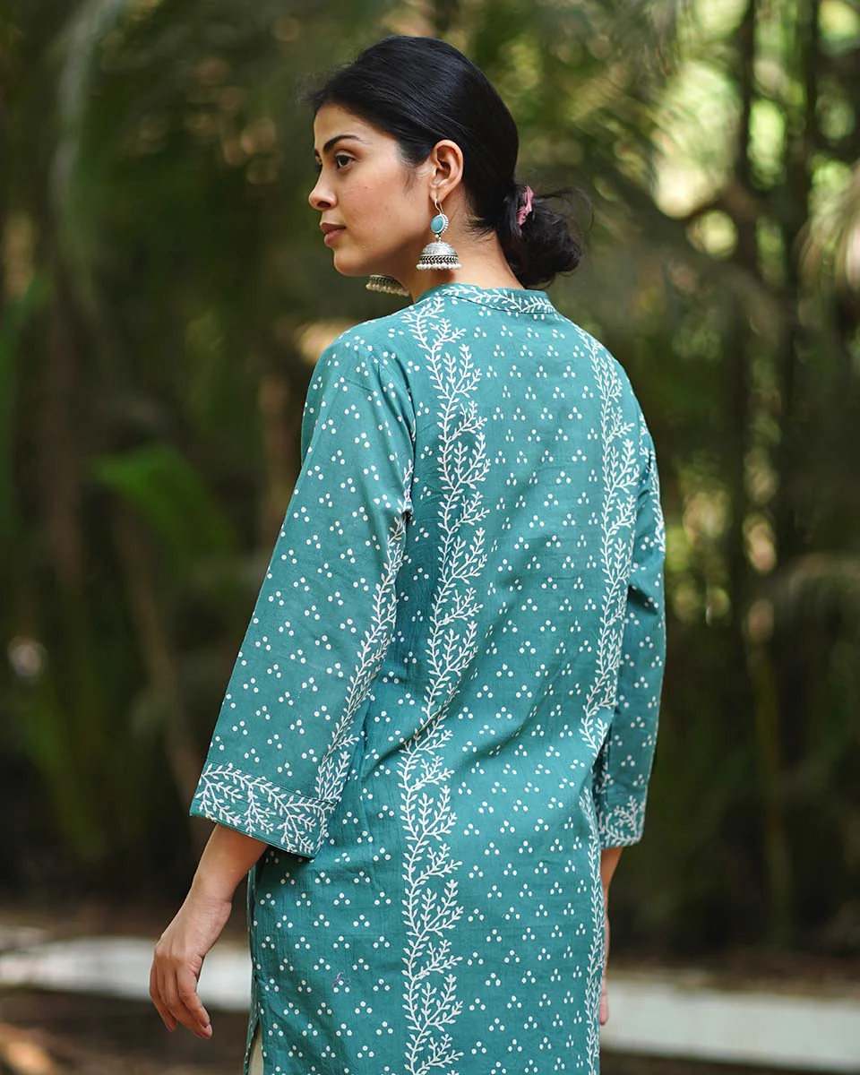 Tenderness of Tulips Teal Green Block Printed Kurti - MMG - Image 5