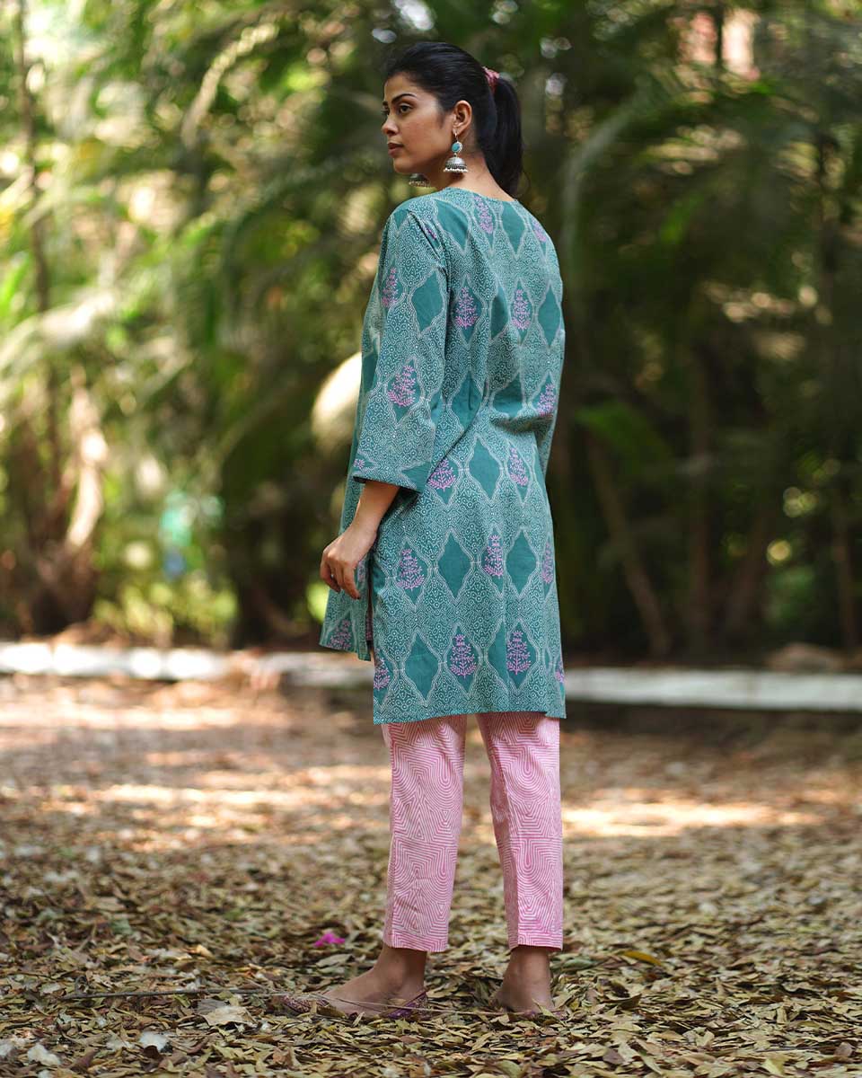 Tenderness of Tulips Teal Green Block Printed Kurti - MMG - Image 6