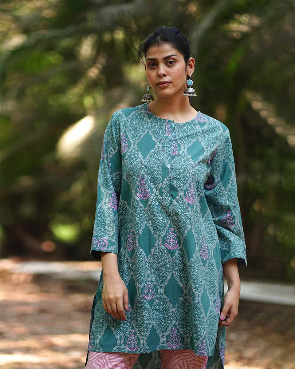 Tenderness of Tulips Teal Green Block Printed Kurti - MMG - Image 8