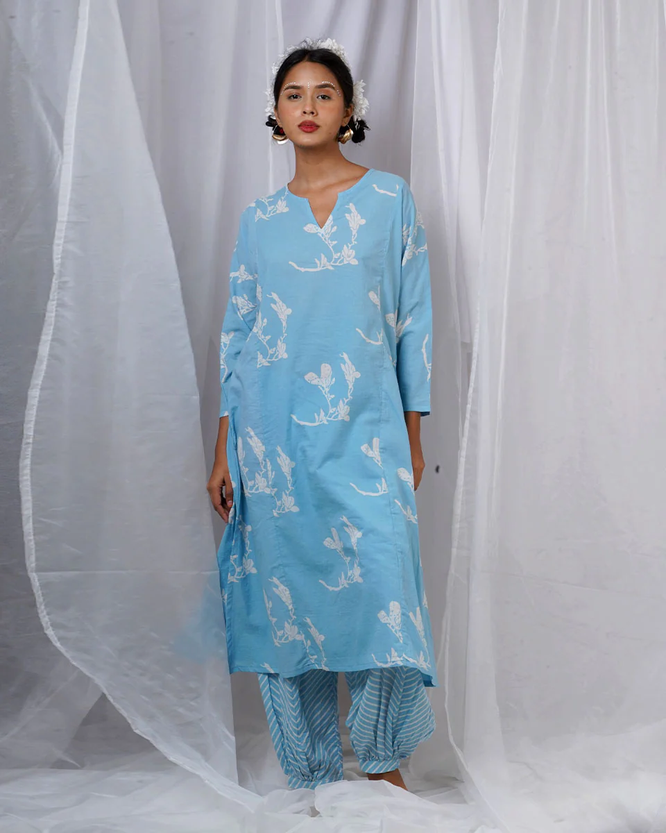 Tia Blue Hand Block Printed Kurta Set-BAD - Image 9