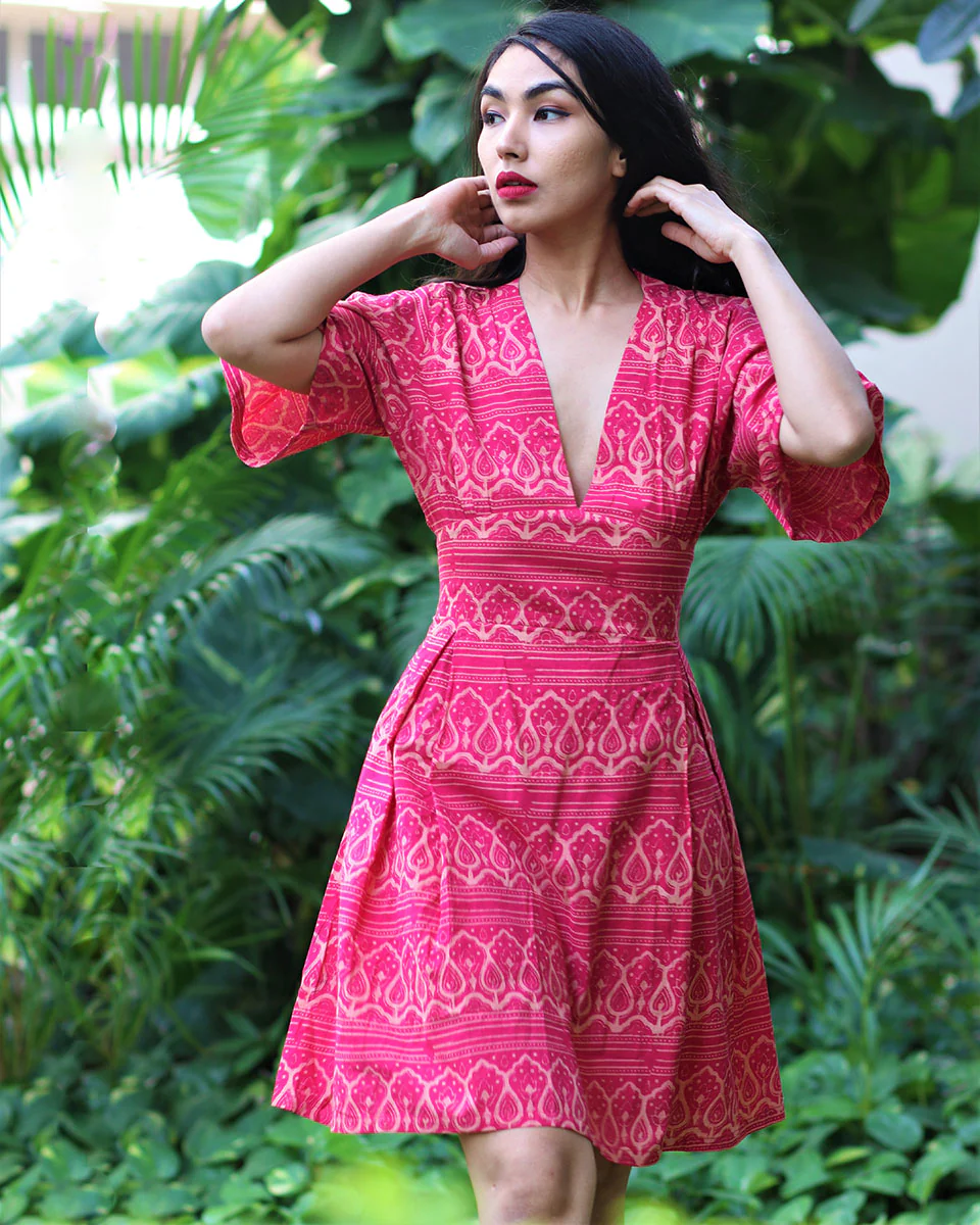 Tranquil Pink Block Printed Cotton Pleated Dress - Fursat - Image 6
