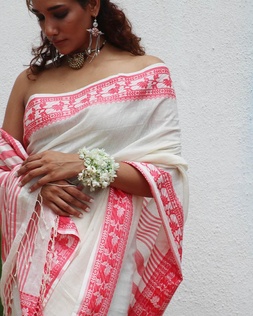 Trinetra Ivory Handwoven Linen Cotton Jamdani Saree - Uma - Image 6