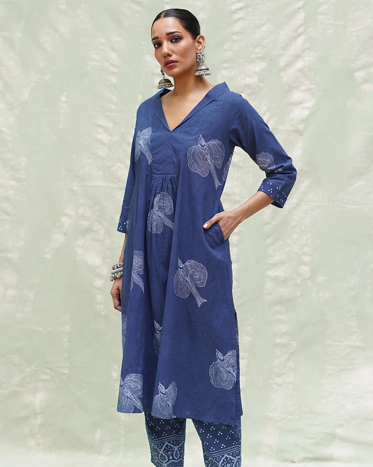 Triveni Blue Handblock Print Cotton Kurti - INDI - Image 4
