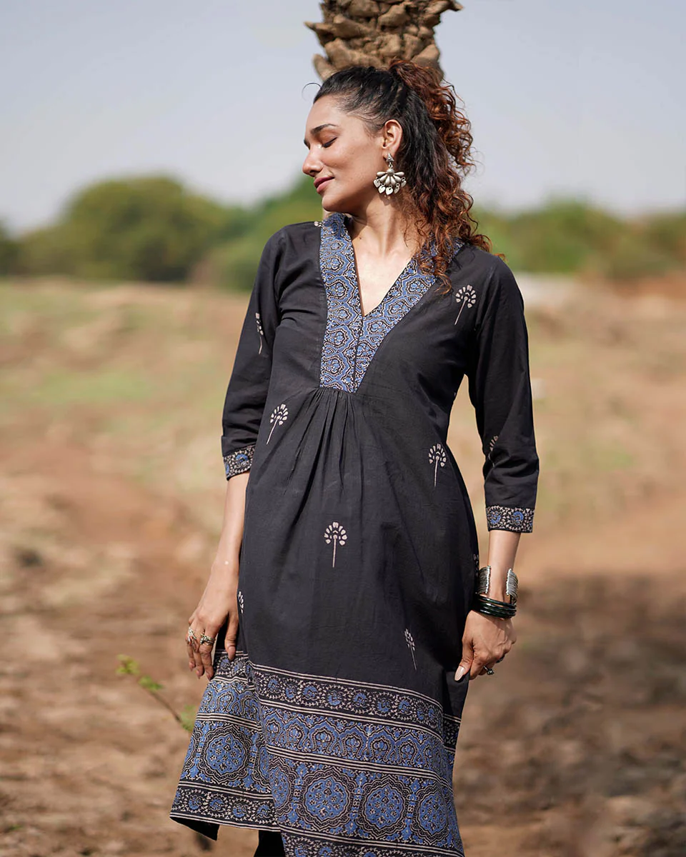 Twilight Petals Blockprinted Cotton Kurta Set-WWB - Image 5