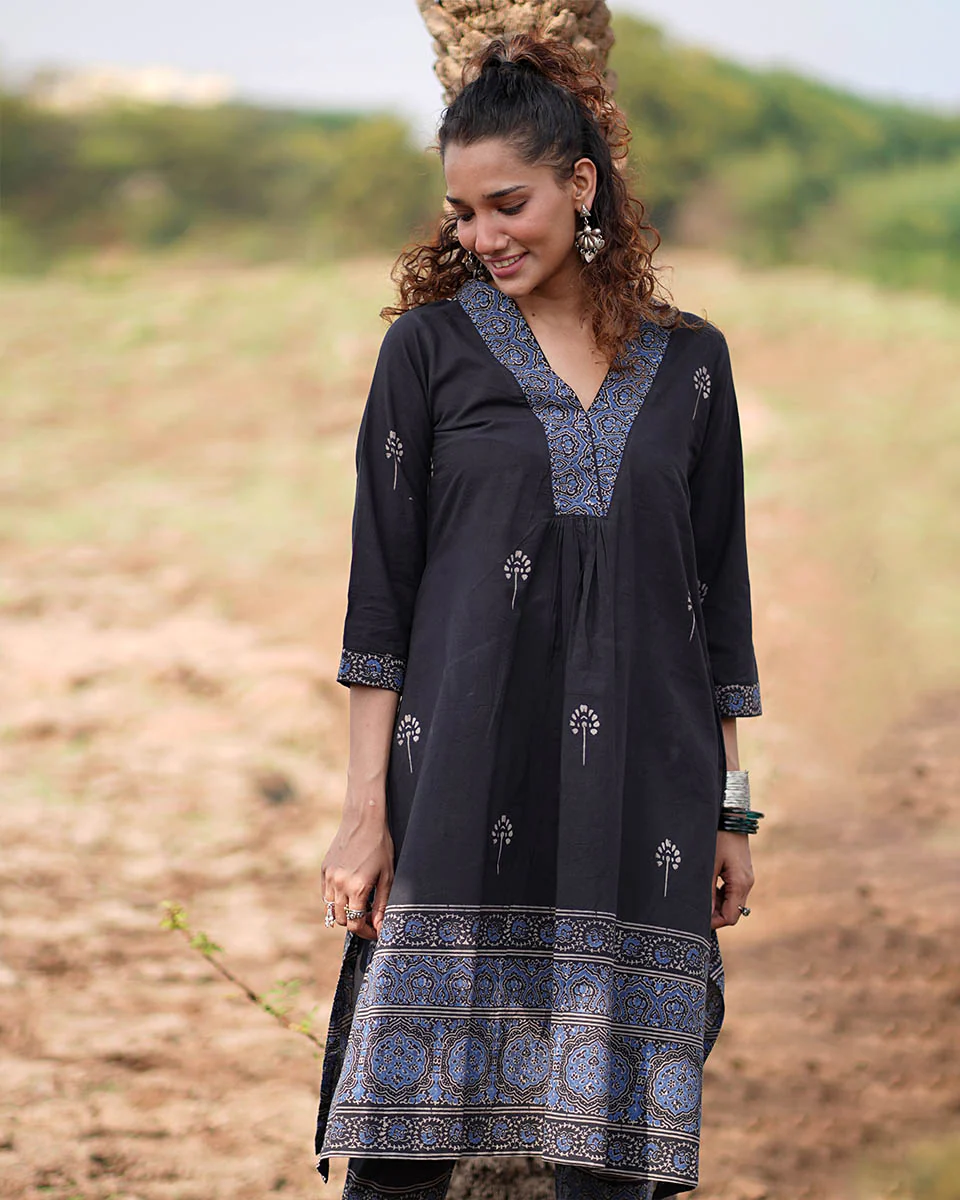Twilight Petals Blockprinted Cotton Kurta Set-WWB - Image 7