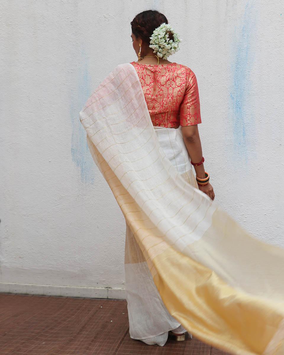 Udaya Ivory Handwoven Linen Zari Saree - Onam - Image 10
