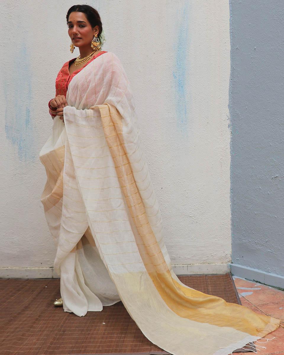 Udaya Ivory Handwoven Linen Zari Saree - Onam - Image 5