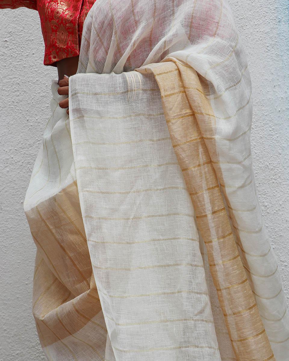 Udaya Ivory Handwoven Linen Zari Saree - Onam - Image 6