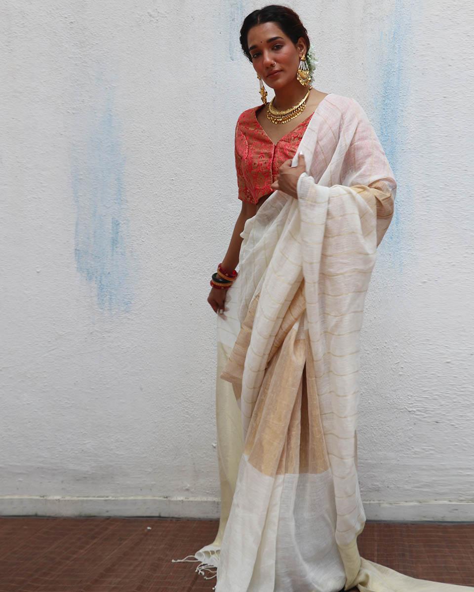 Udaya Ivory Handwoven Linen Zari Saree - Onam - Image 7