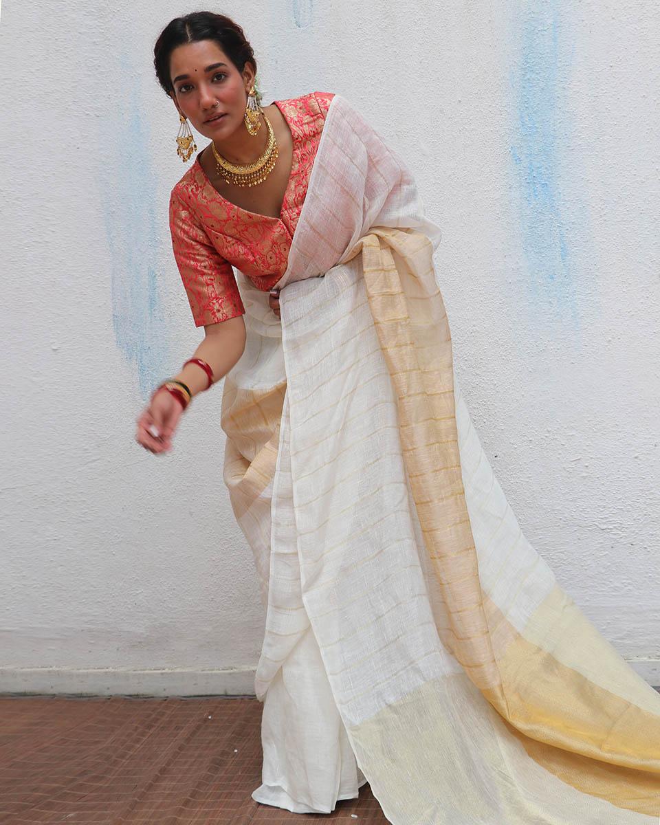 Udaya Ivory Handwoven Linen Zari Saree - Onam - Image 8