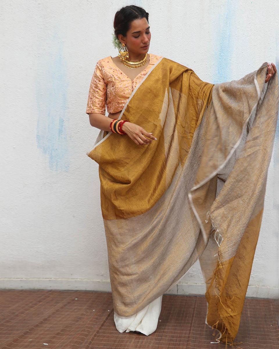 Udvita Golden Handwoven Linen Zari Saree - Onam - Image 6