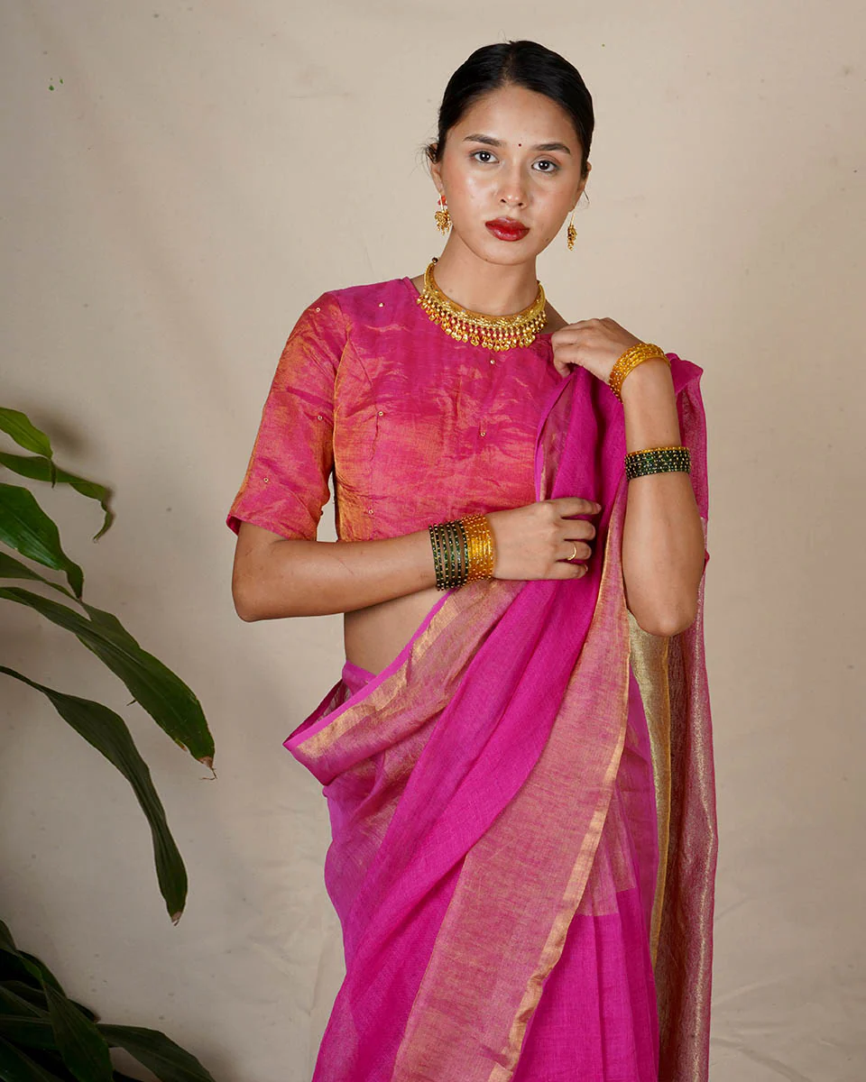 Ujjwala Pink Handwoven Linen Zari Saree - Eknoor - Image 10