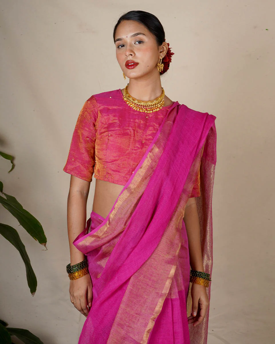Ujjwala Pink Handwoven Linen Zari Saree - Eknoor - Image 11
