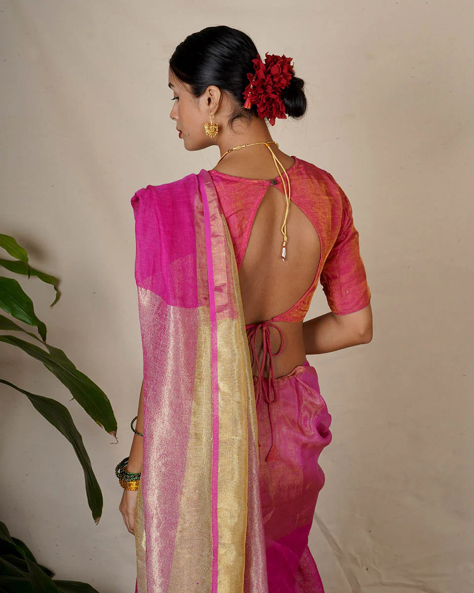 Ujjwala Pink Handwoven Linen Zari Saree - Eknoor - Image 13