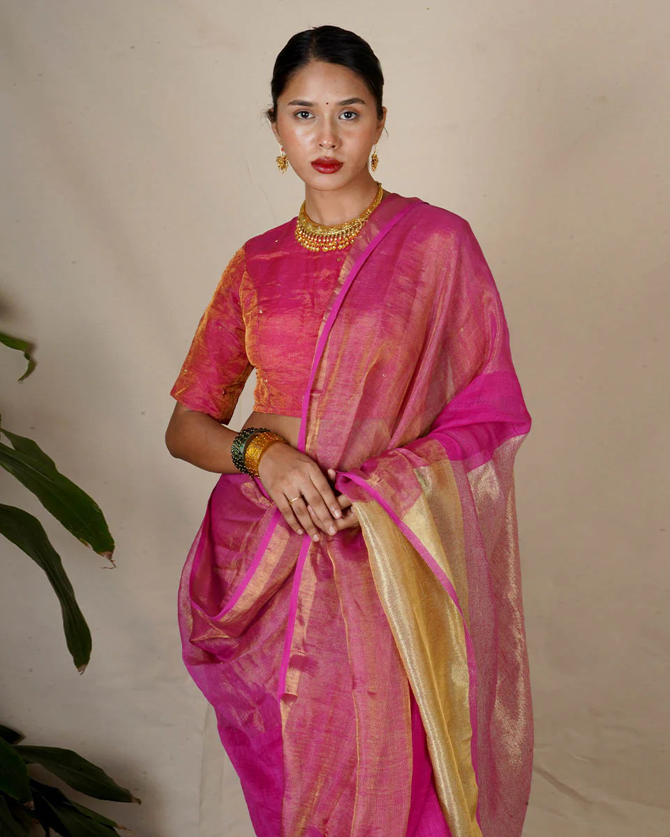 Ujjwala Pink Handwoven Linen Zari Saree - Eknoor - Image 5