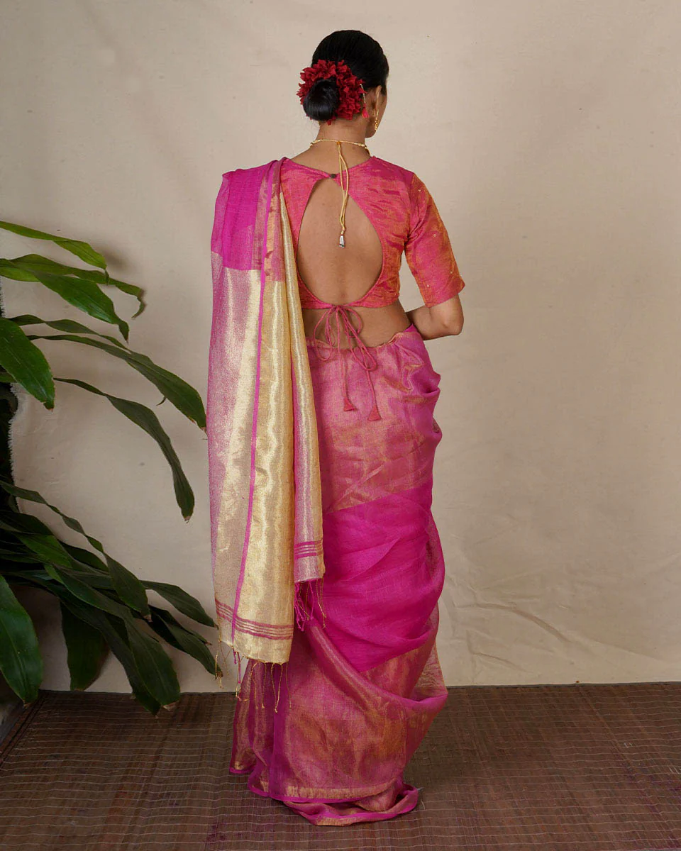 Ujjwala Pink Handwoven Linen Zari Saree - Eknoor - Image 6