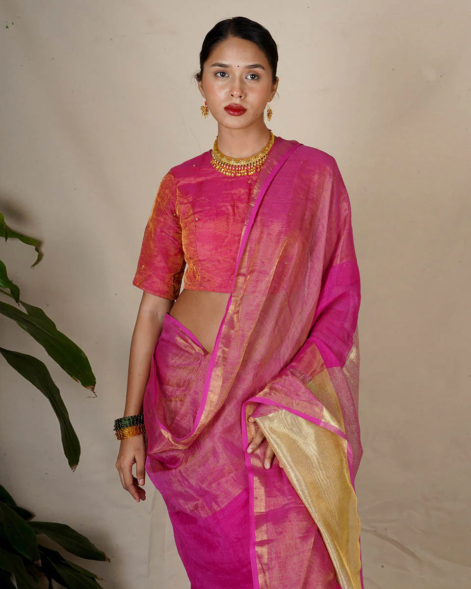 Ujjwala Pink Handwoven Linen Zari Saree - Eknoor - Image 8