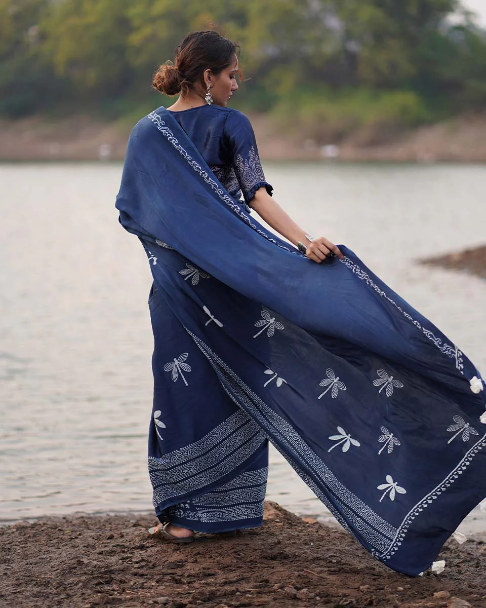 Urmi Blue Block printed Modal Silk Saree - Jaisal - Image 11
