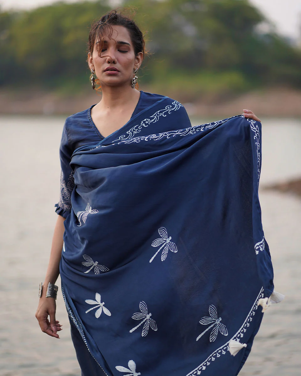 Urmi Blue Block printed Modal Silk Saree - Jaisal - Image 2