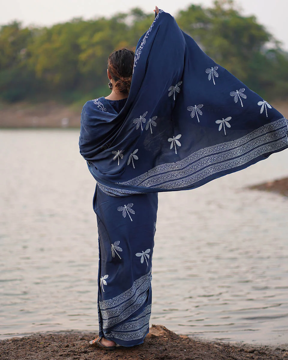 Urmi Blue Block printed Modal Silk Saree - Jaisal - Image 4
