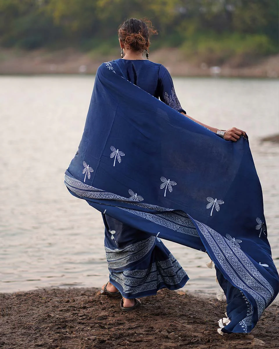 Urmi Blue Block printed Modal Silk Saree - Jaisal - Image 5