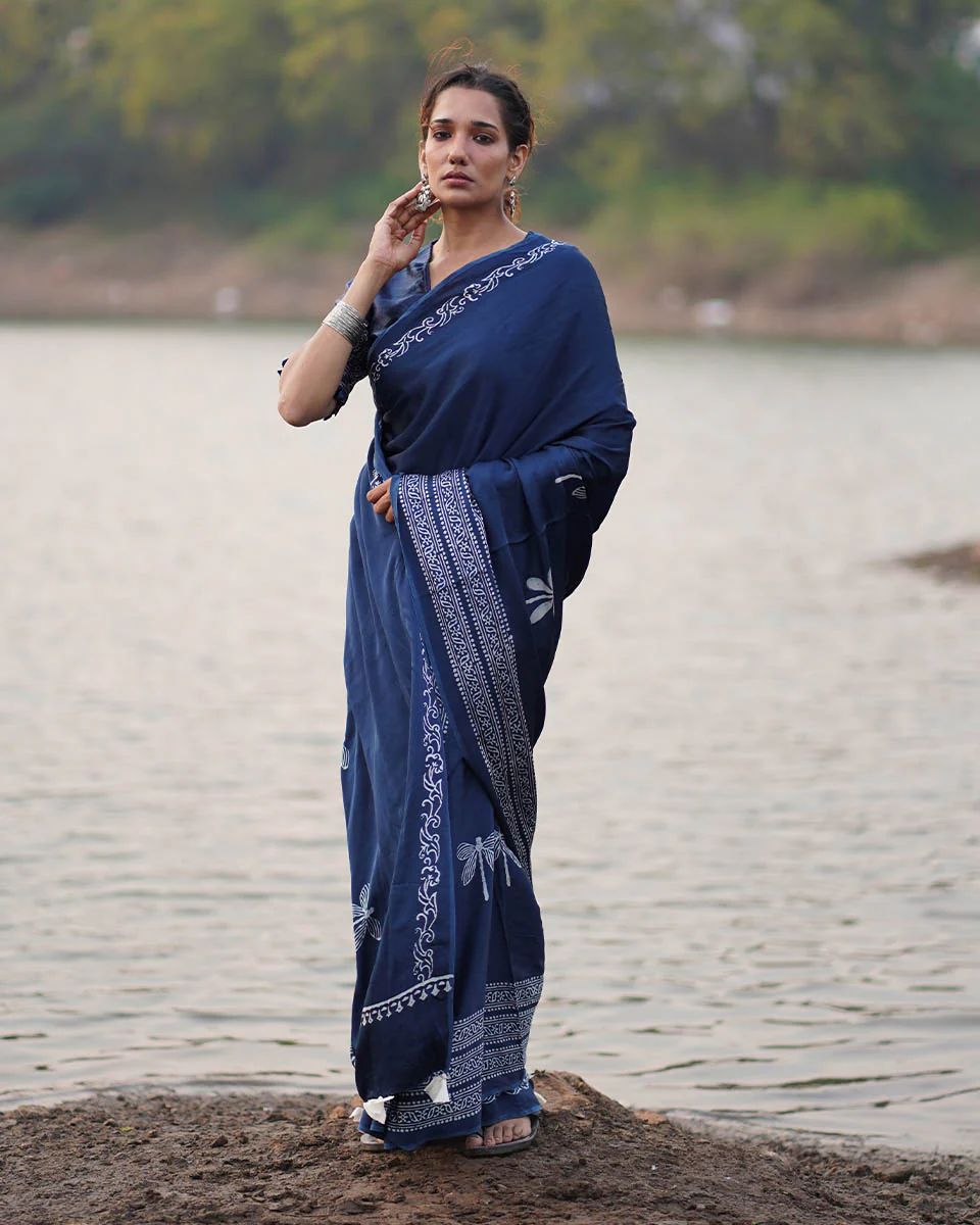 Urmi Blue Block printed Modal Silk Saree - Jaisal - Image 7