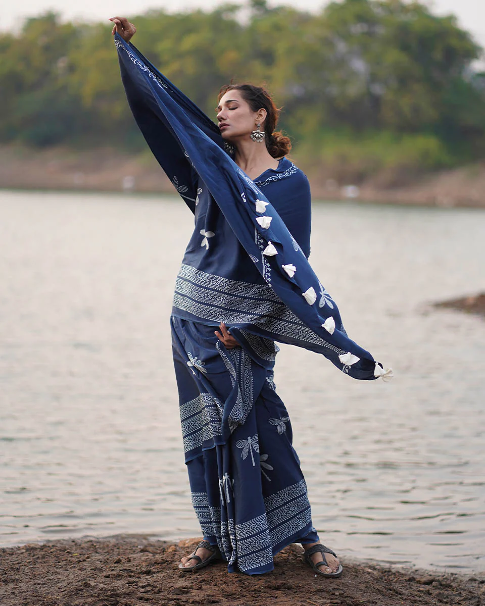 Urmi Blue Block printed Modal Silk Saree - Jaisal - Image 9