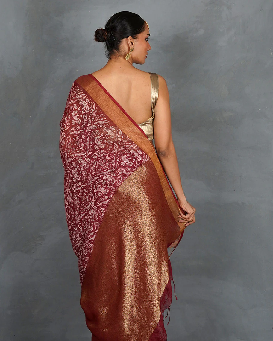 Urvi Maroon Handblock Linen Saree - TARA - Image 3