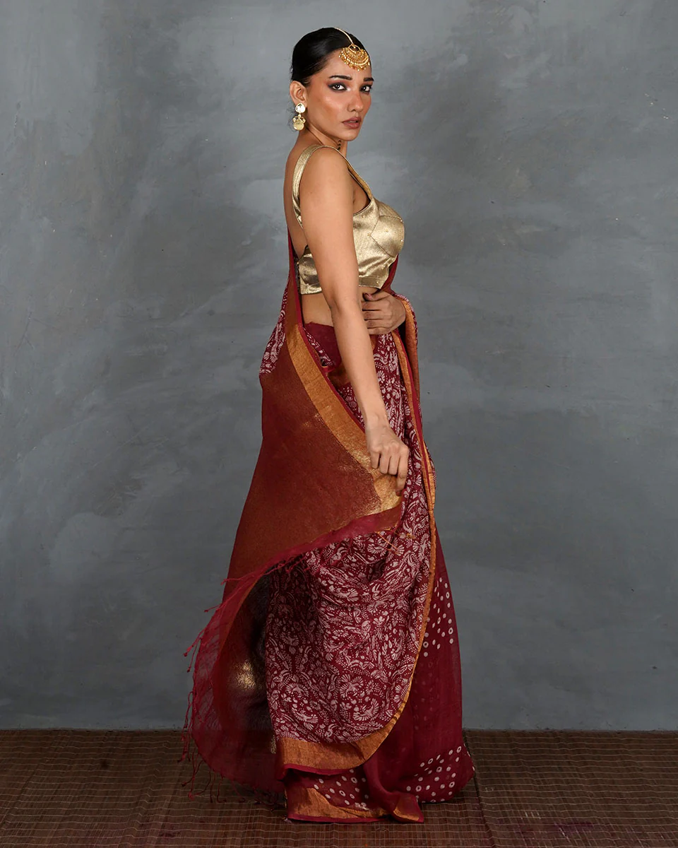 Urvi Maroon Handblock Linen Saree - TARA - Image 4