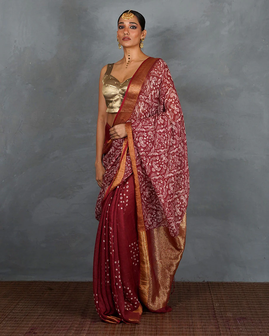 Urvi Maroon Handblock Linen Saree - TARA - Image 7