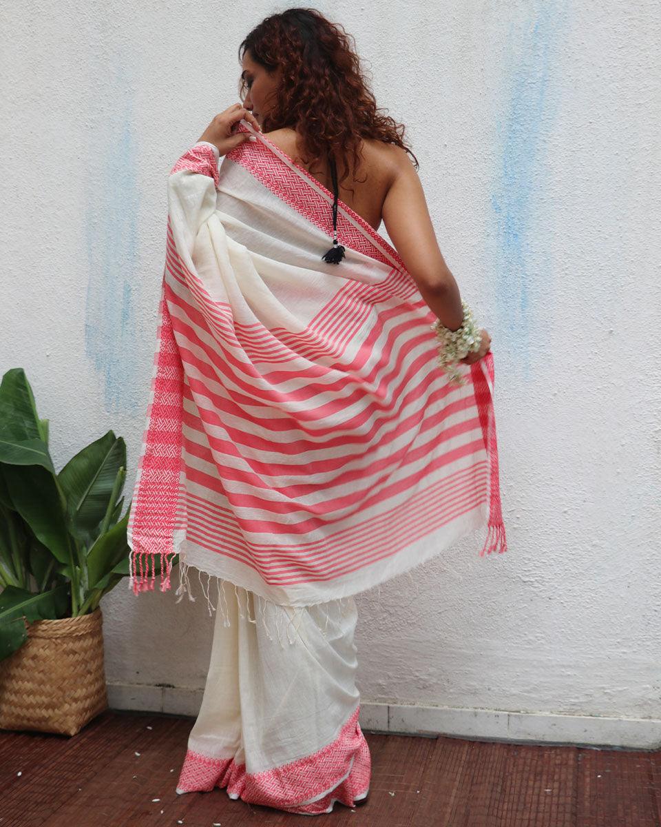 Vaarahi Ivory Handwoven Linen Cotton Jamdani Saree - Uma - Image 7