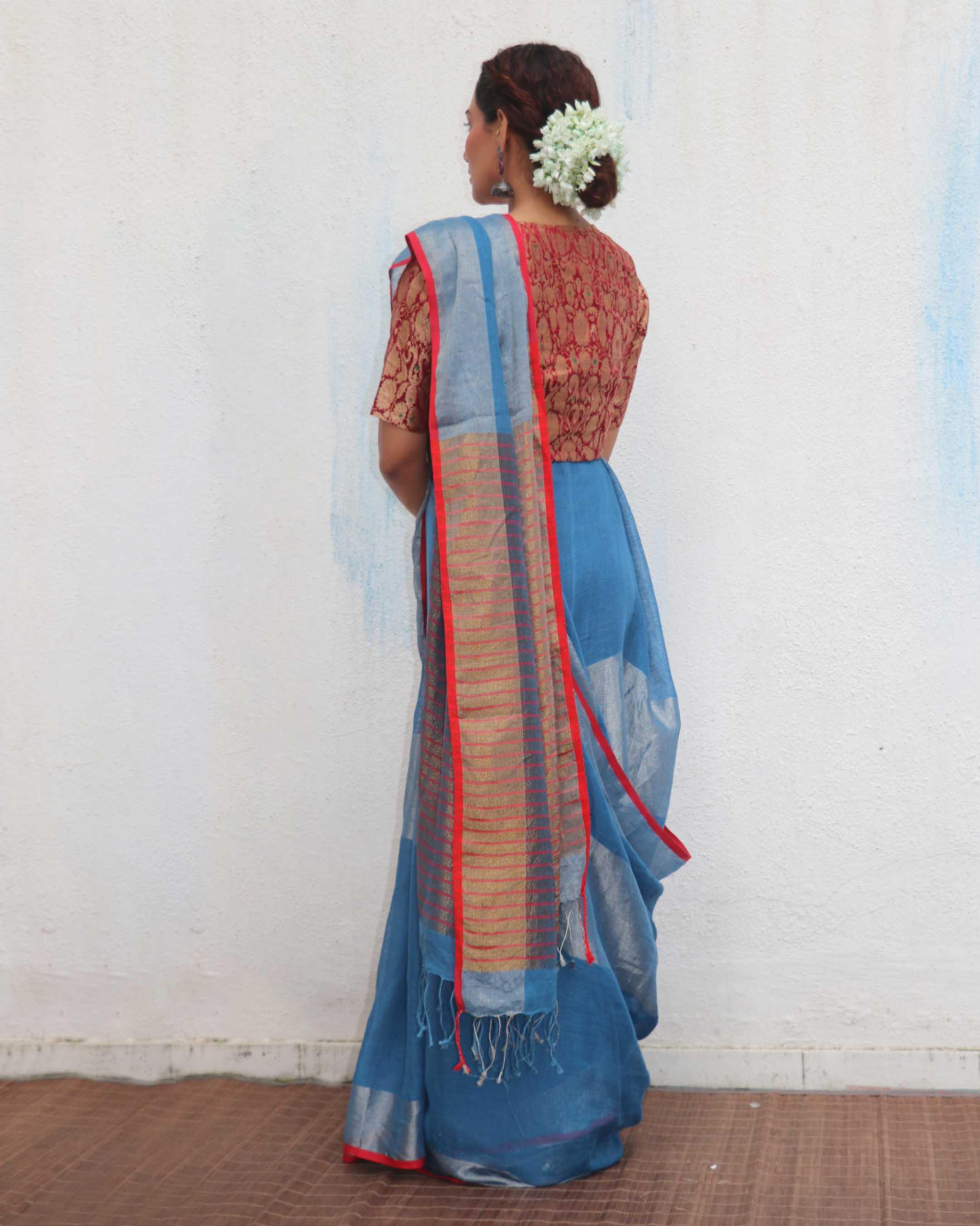 Varsha Blue Handwoven Linen Zari Saree - Jheel - Image 10
