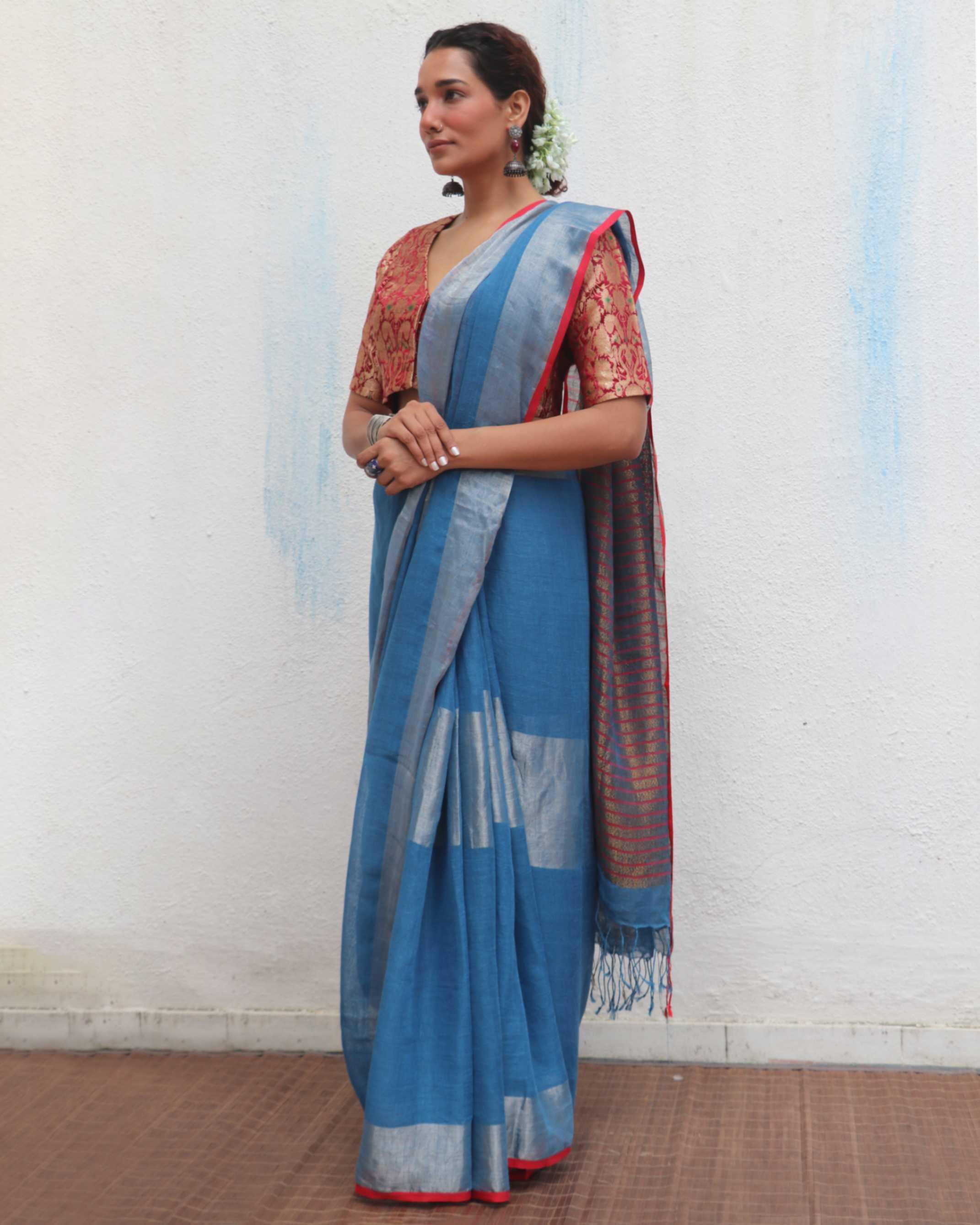 Varsha Blue Handwoven Linen Zari Saree - Jheel - Image 5