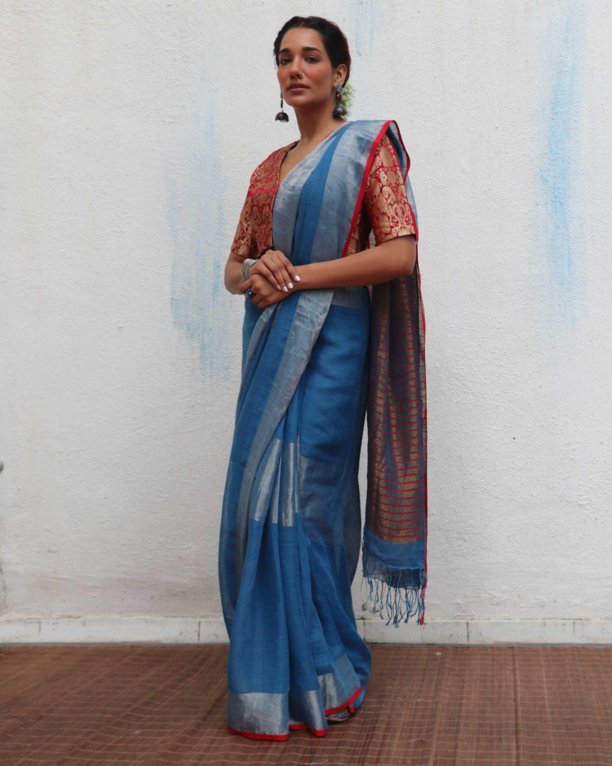 Varsha Blue Handwoven Linen Zari Saree - Jheel - Image 6