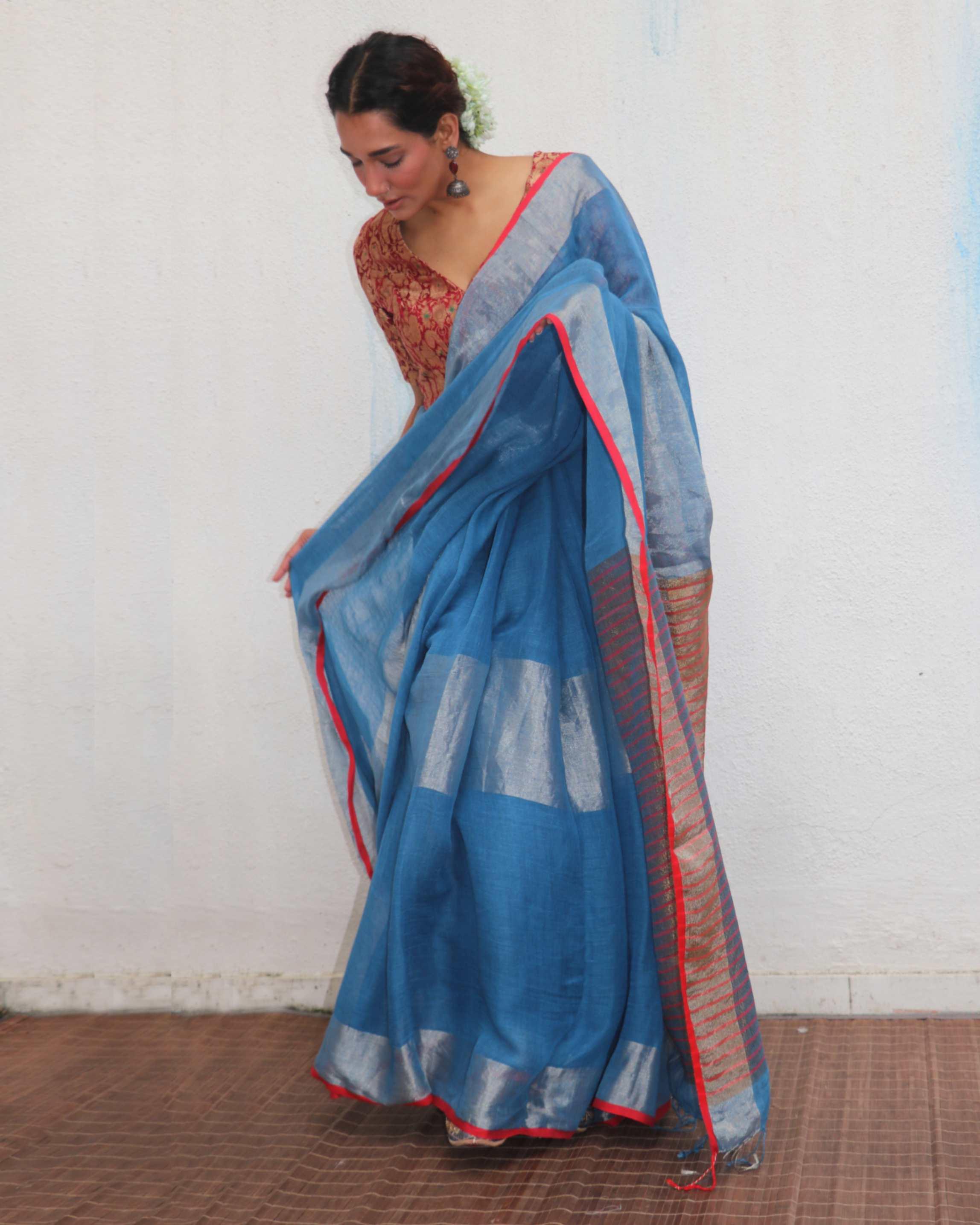 Varsha Blue Handwoven Linen Zari Saree - Jheel - Image 7