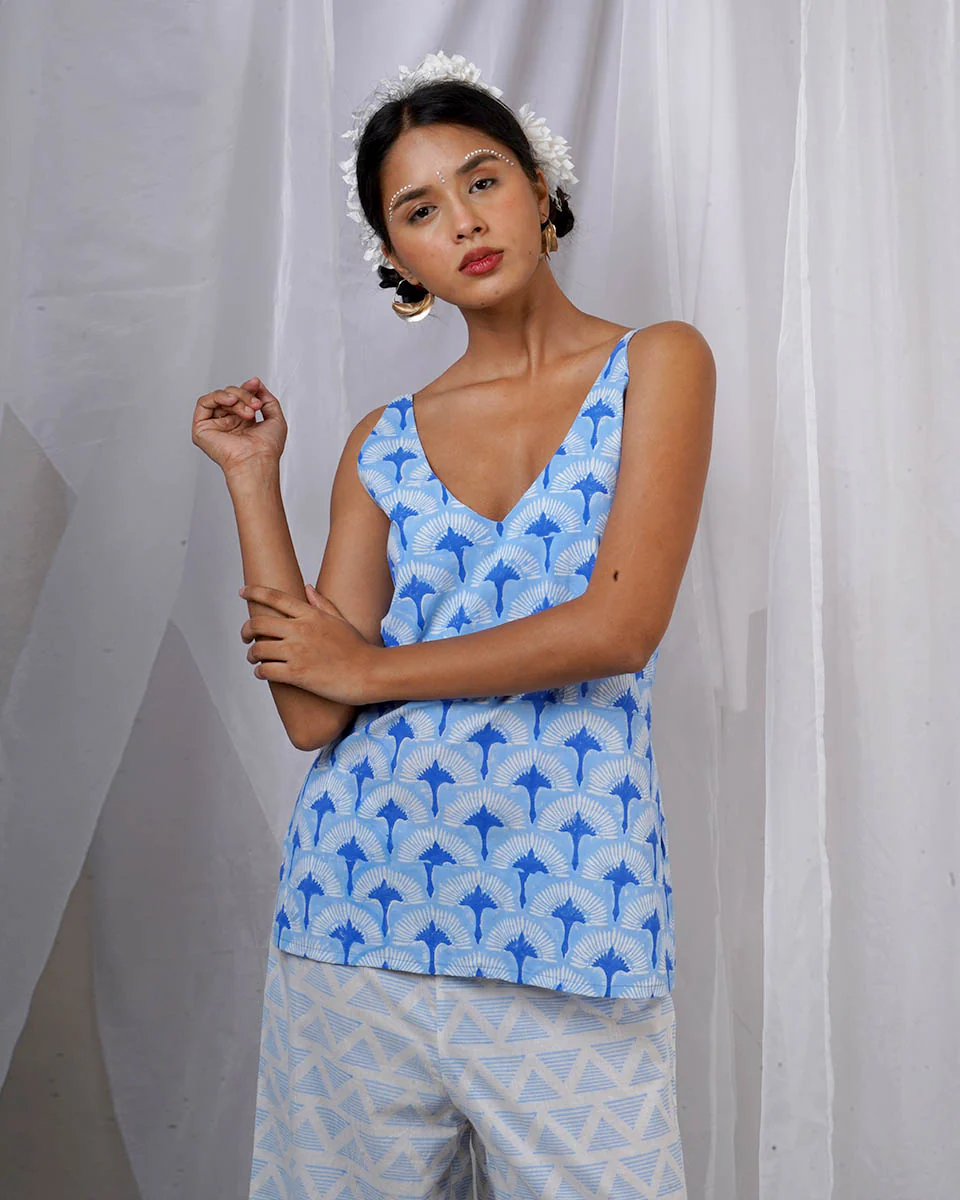 Varsha Ivory Blue Hand Block Printed Top-BAD - Image 2