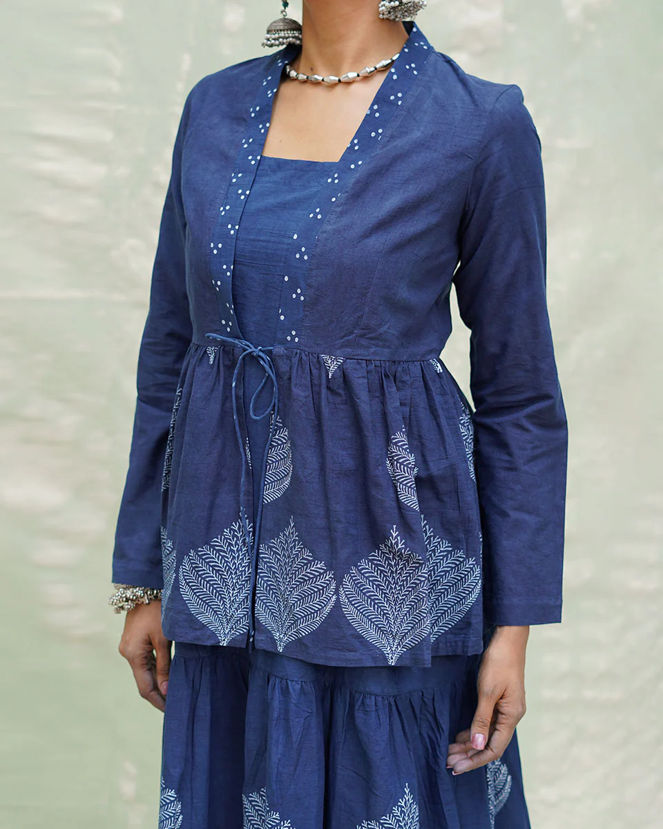 Vihang Blue Handblock Print Cotton Jacket - INDI - Image 2
