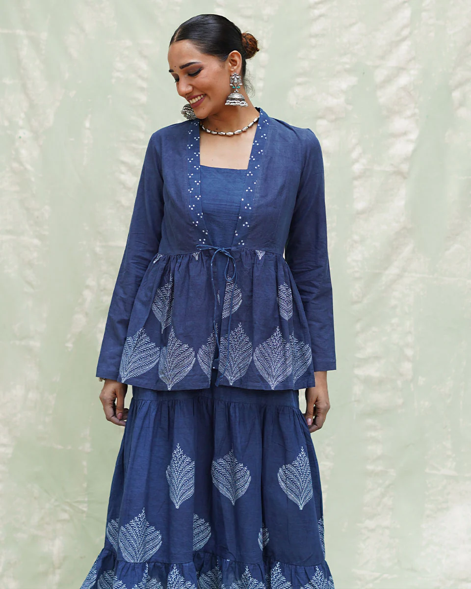 Vihang Blue Handblock Print Cotton Jacket - INDI - Image 5