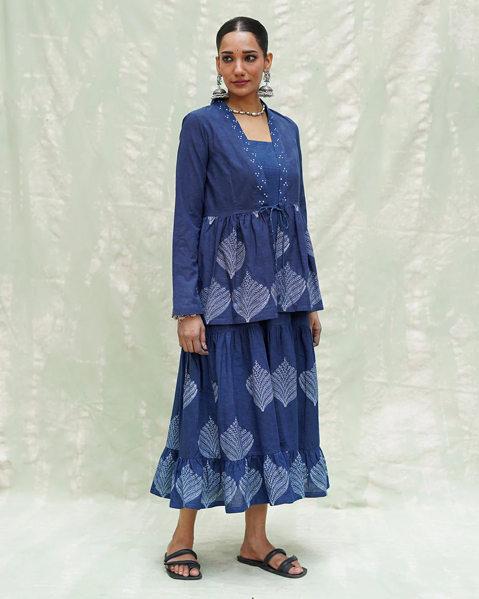 Vihang Blue Handblock Print Cotton Jacket - INDI - Image 8