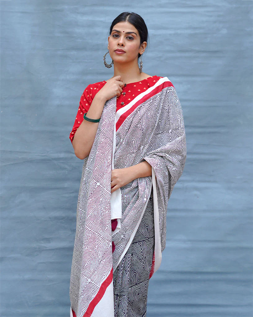 Vintage Poem Black & White Handblock Print Cotton Saree - MIS - Image 11