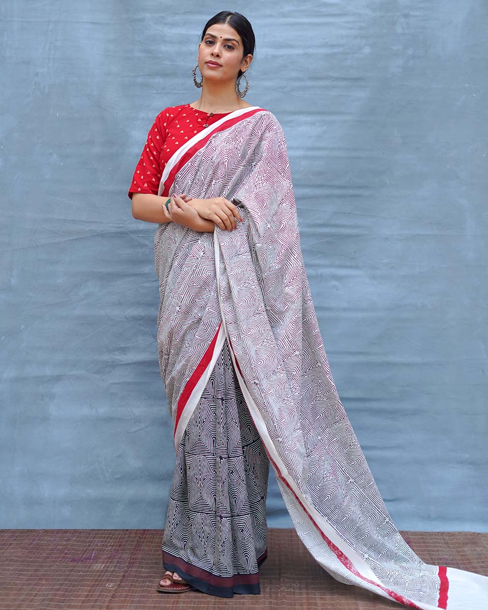 Vintage Poem Black & White Handblock Print Cotton Saree - MIS - Image 5